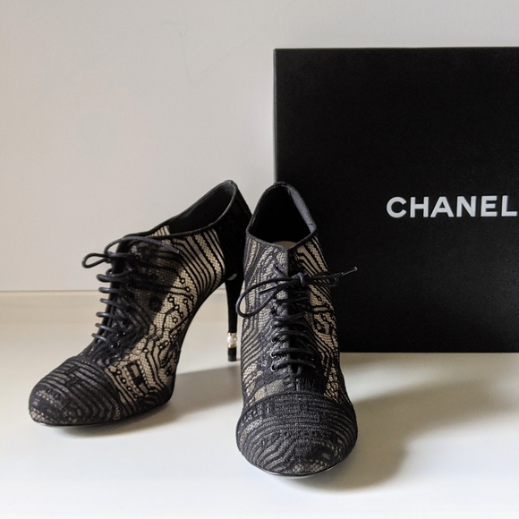 CHANEL Shoes - CHANEL Black Lace Up Mesh Pearl Heels Booties 39.5